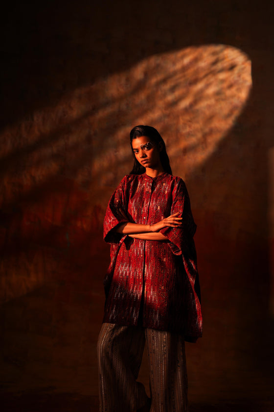 Red Ajrak Zari Kimono Tunic