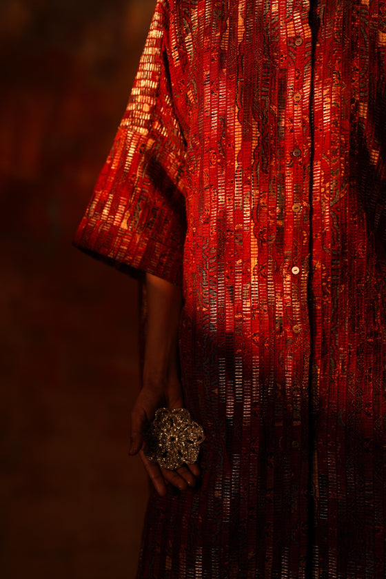 Red Ajrak Zari Kimono Tunic