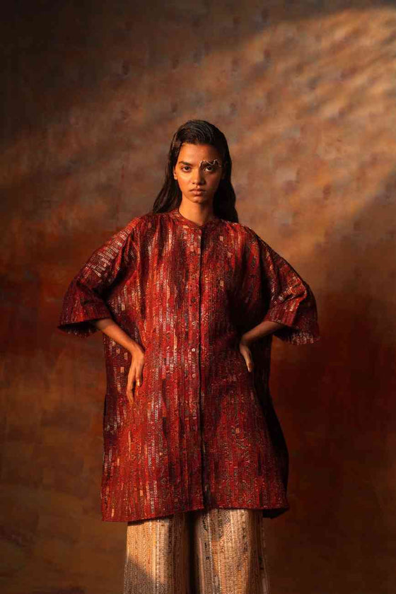 Red Ajrak Zari Kimono Tunic