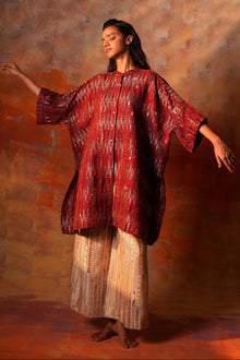  Red Ajrak Zari Kimono Tunic