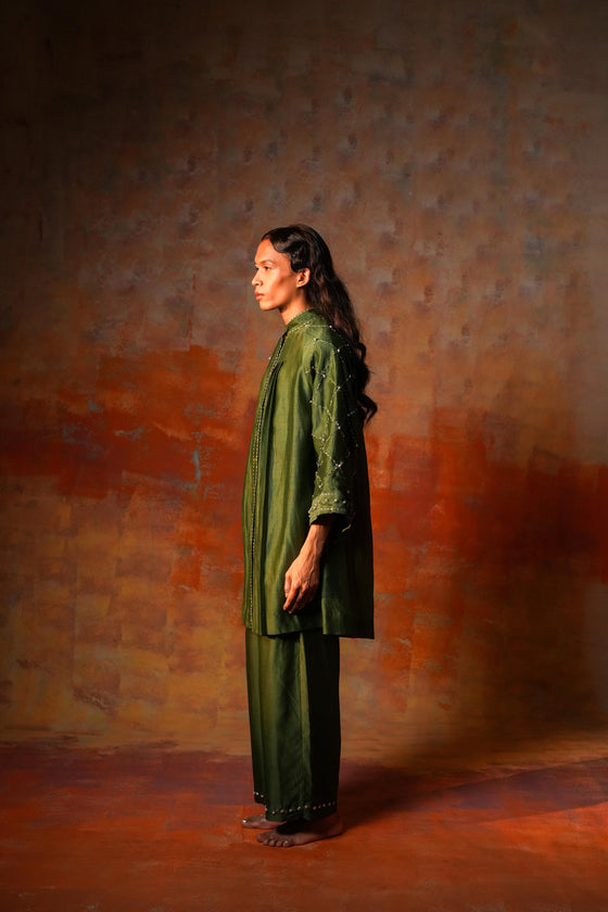 Bell Sleeves Tunic Check Emb Green
