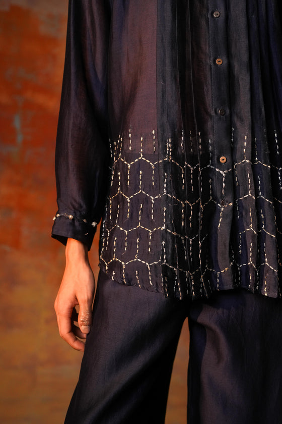 Pleated Shirt Gota Emb Indigo