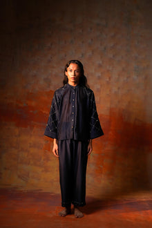  Bell Sleeve Shirt Indigo Check Emb