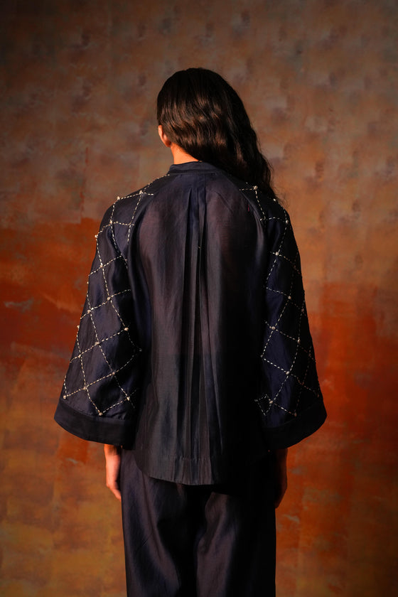 Bell Sleeve Shirt Indigo Check Emb