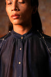 Bell Sleeve Shirt Indigo Check Emb