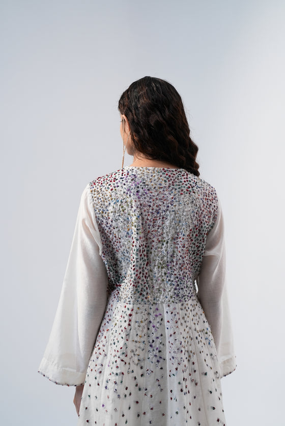 Panelled Jacket- Multi Color Embroidery on White