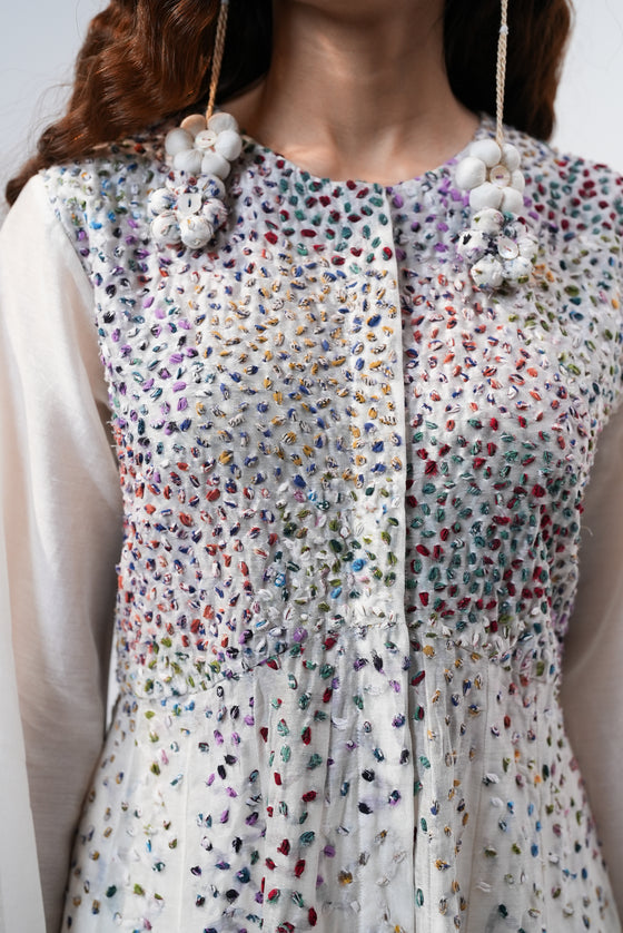 Panelled Jacket- Multi Color Embroidery on White