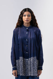  Pleated Shirt - White Embroidery on Midnight Blue