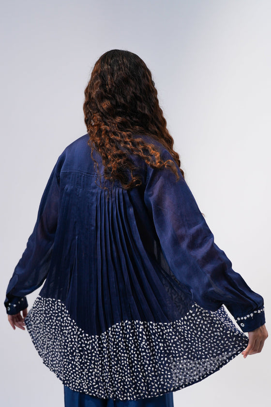 Pleated Shirt - White Embroidery on Midnight Blue