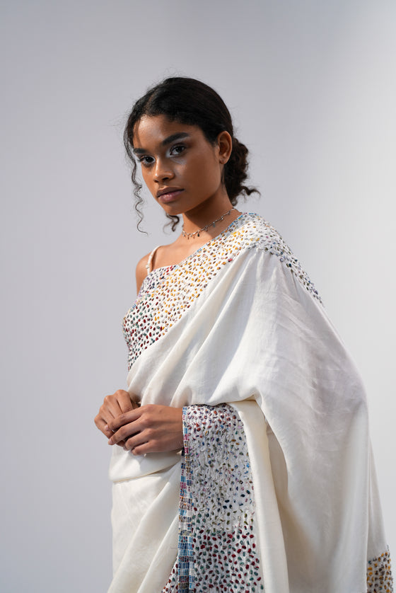 Monet Saree- Multi Color Embroidery on White