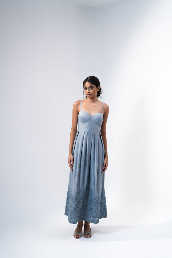 Box Pleated Spagetti Dress- Grey