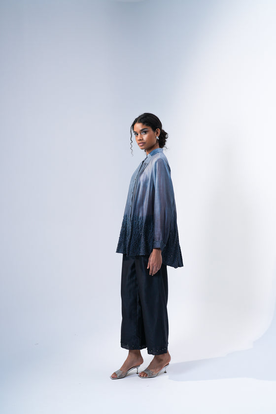 Pleated Shirt - Tonal Embroidery on Grey Ombre