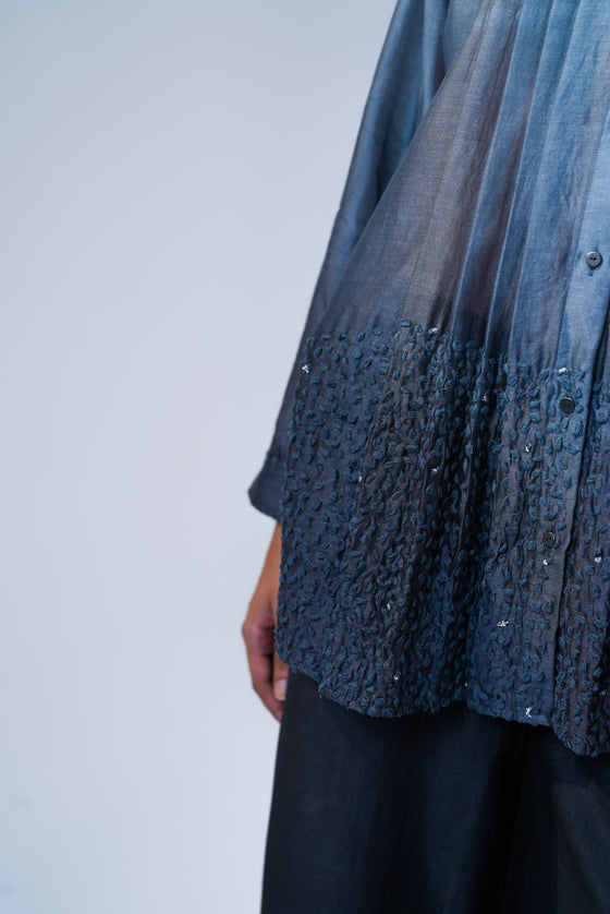 Pleated Shirt - Tonal Embroidery on Grey Ombre