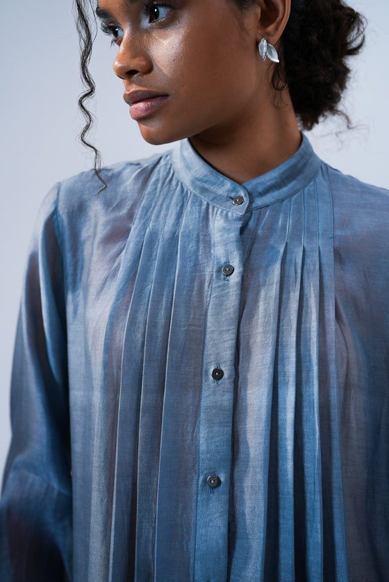 Pleated Shirt - Tonal Embroidery on Grey Ombre