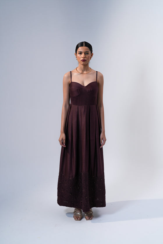 Box Pleated Spagetti Dress- Plum